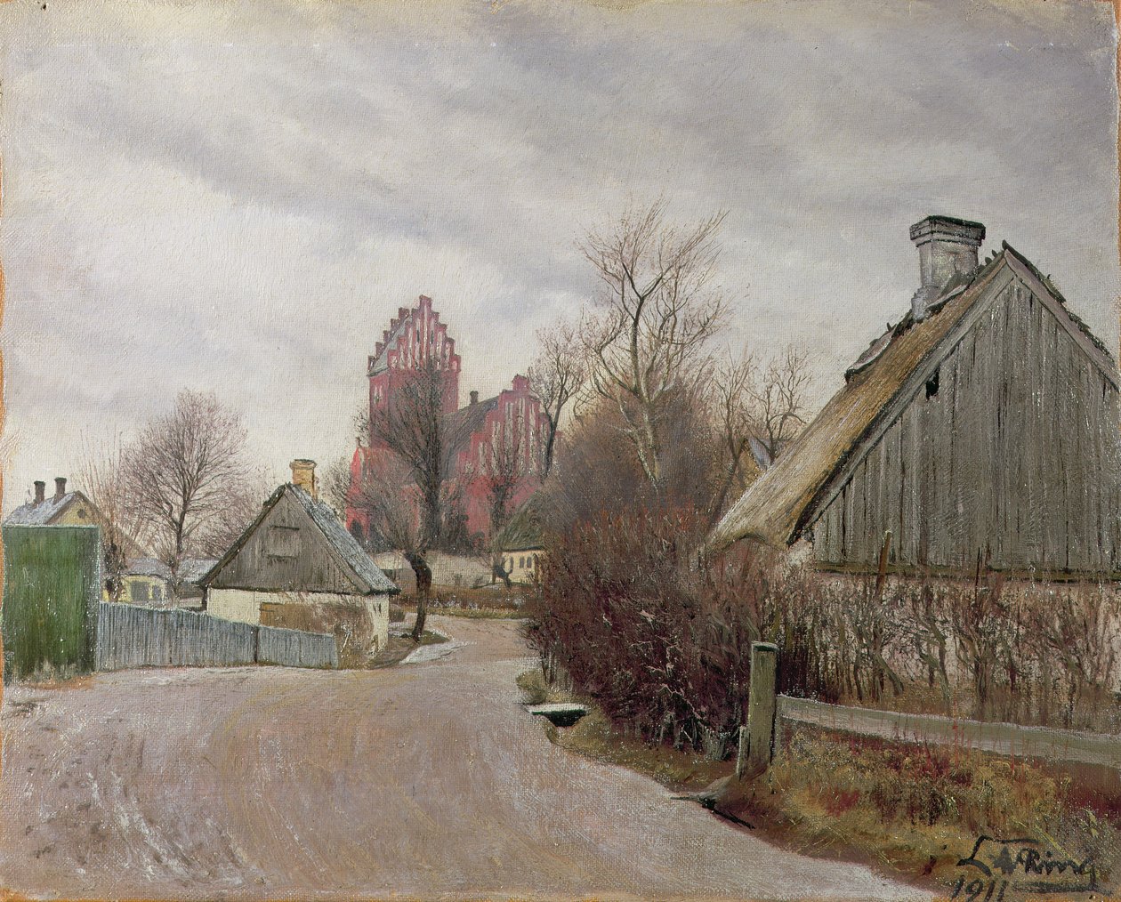 Gade i Høje Taastrup (landevej med hytter og høj kirke) 1911 af Laurits Andersen Ring