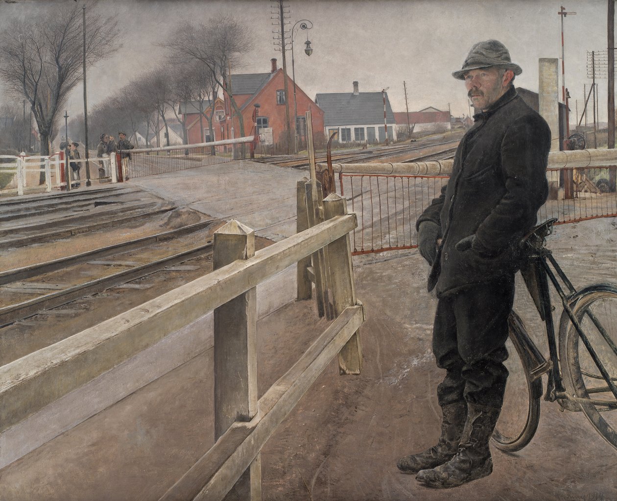 Venter på toget. Overkørsel ved Roskilde Hovedvej, 1914. af Laurits Andersen Ring