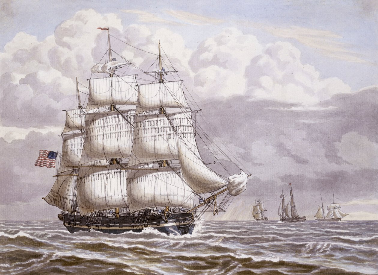 En amerikansk fregat under sejl, med anden skibsfart, 1832 af Lauritz Rasmus Lyngbye