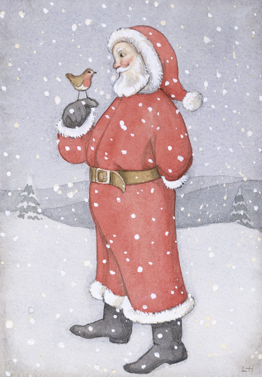 Julemanden og en Robin (wc på papir) af Lavinia Hamer