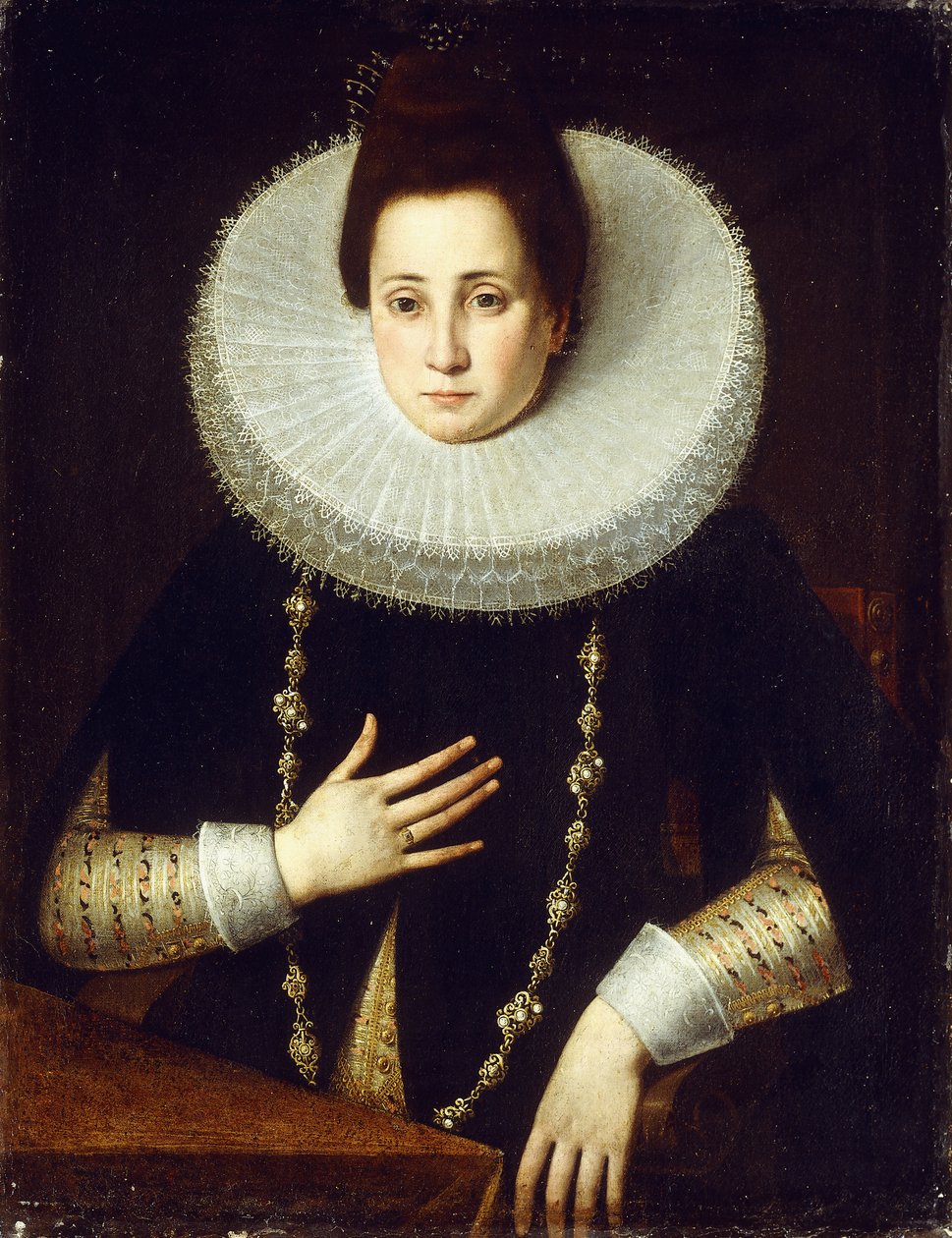 Portræt af en dame, siddende halvlangt, iført et sort kostume med hvidt Ruff af Lavinia Fontana