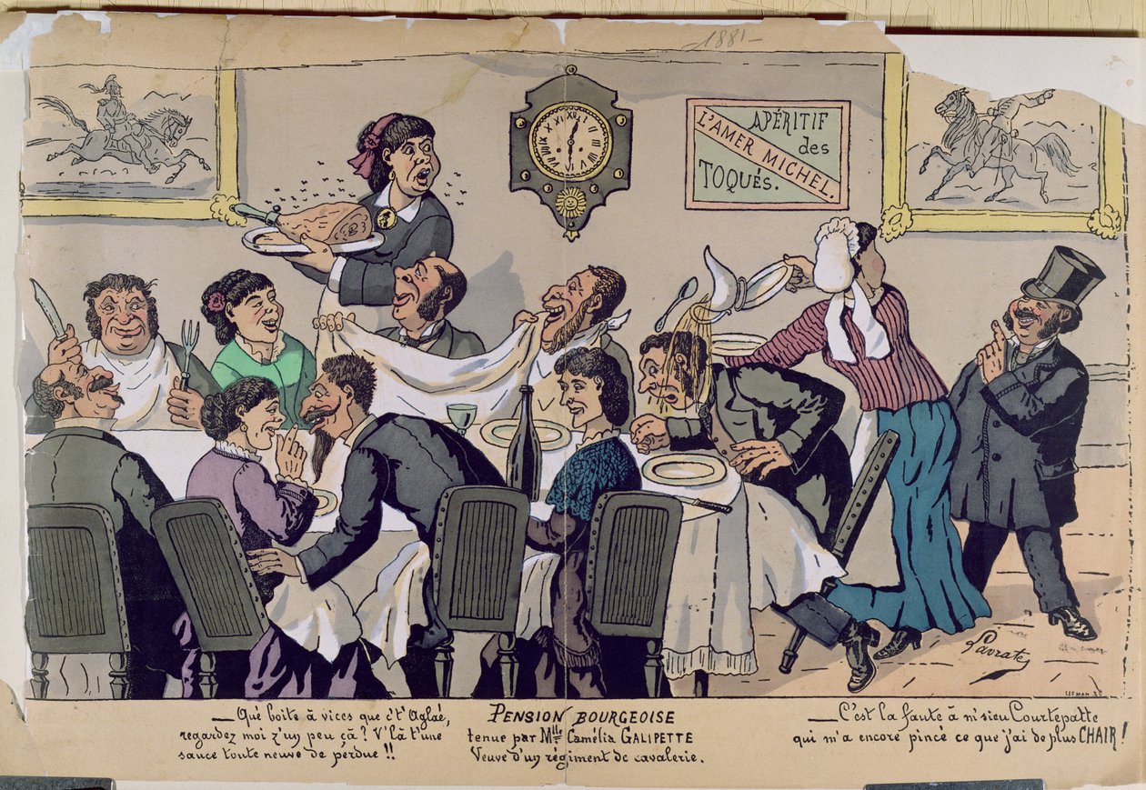 Middelklassepensionat, karikatur, 1881 (farvegravering) af Lavrate