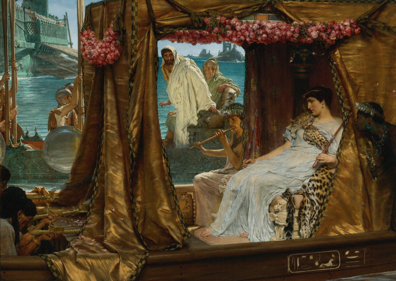 Mødet mellem Antony og Cleopatra - Dronningen af ​​Egypten Cleopatra (79-30 f.Kr.) møder sin kommende elsker Marc Antoine (83-30 f.Kr.) formentlig i Rom (Antonius og Kleopatras møde) - Maleri af Lawrence Alma - Tadema (1836) -1912) - 1885 - af Lawrence Alma Tadema