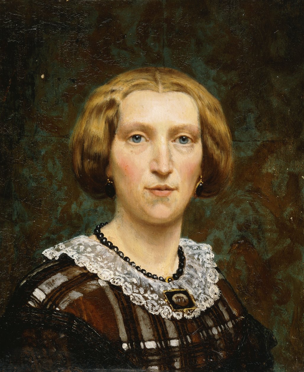 Portræt af Sientje Tadema, lille brystlængde, i brun og hvid kjole og sort sjal, 1860 af Lawrence Alma Tadema