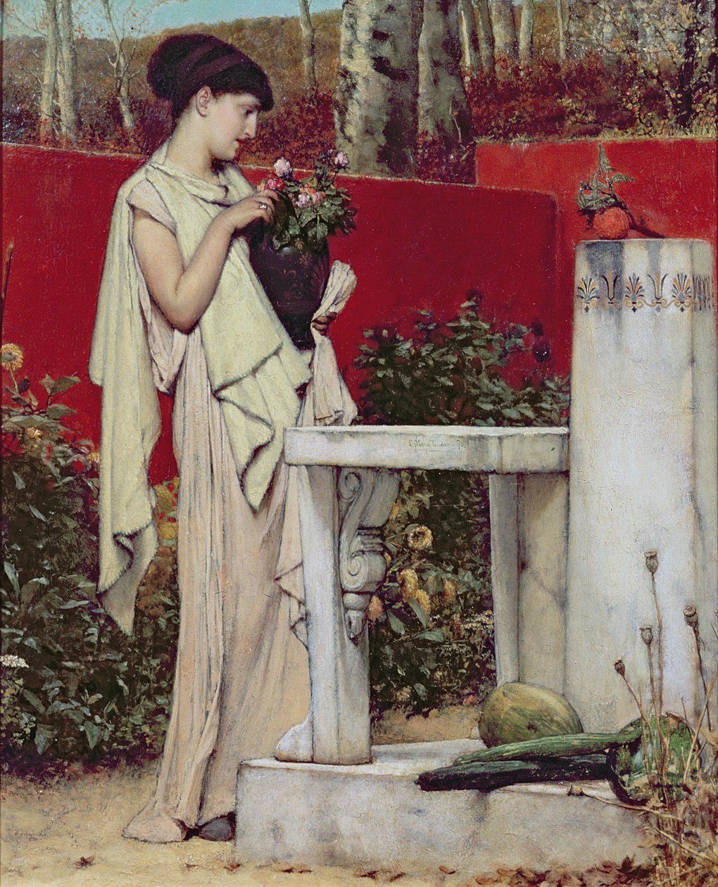Kvinde med en vase med blomster af Lawrence Alma Tadema