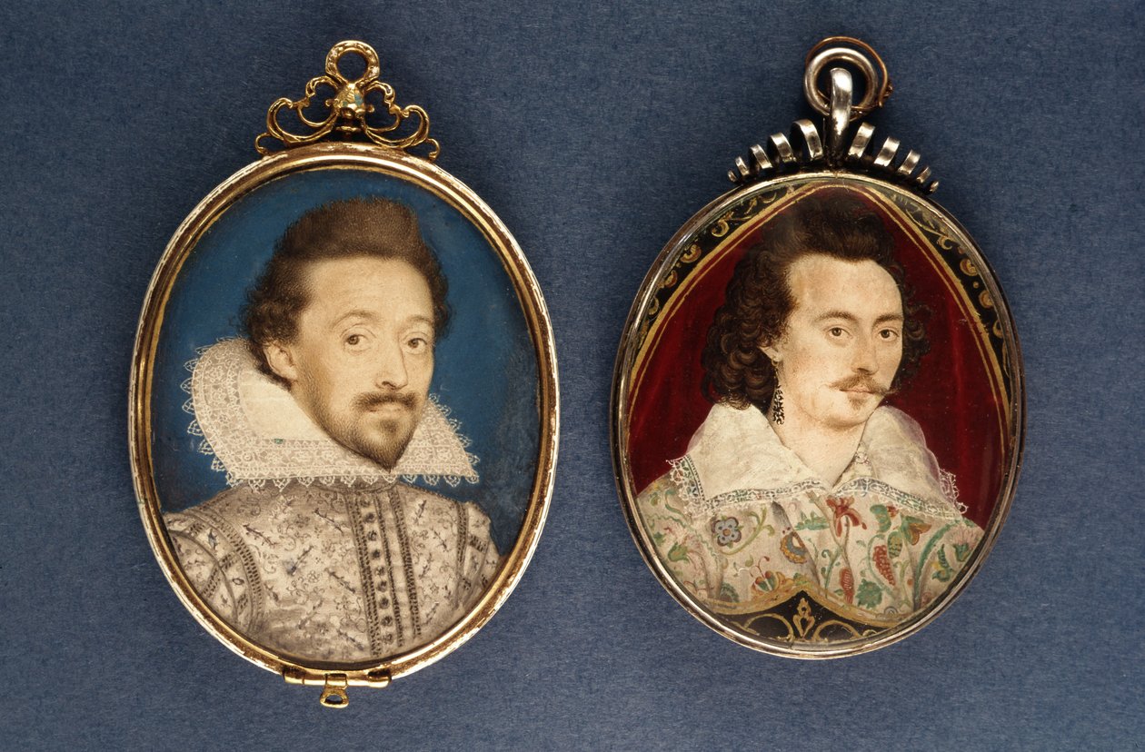 Til venstre: Portræt af en ung mand af Lawrence Hilliard, ca. 1620. Til højre: Portræt af en ung mand af Nicholas Hilliard (1547-1619), ca. 1585 af Lawrence Hilliard