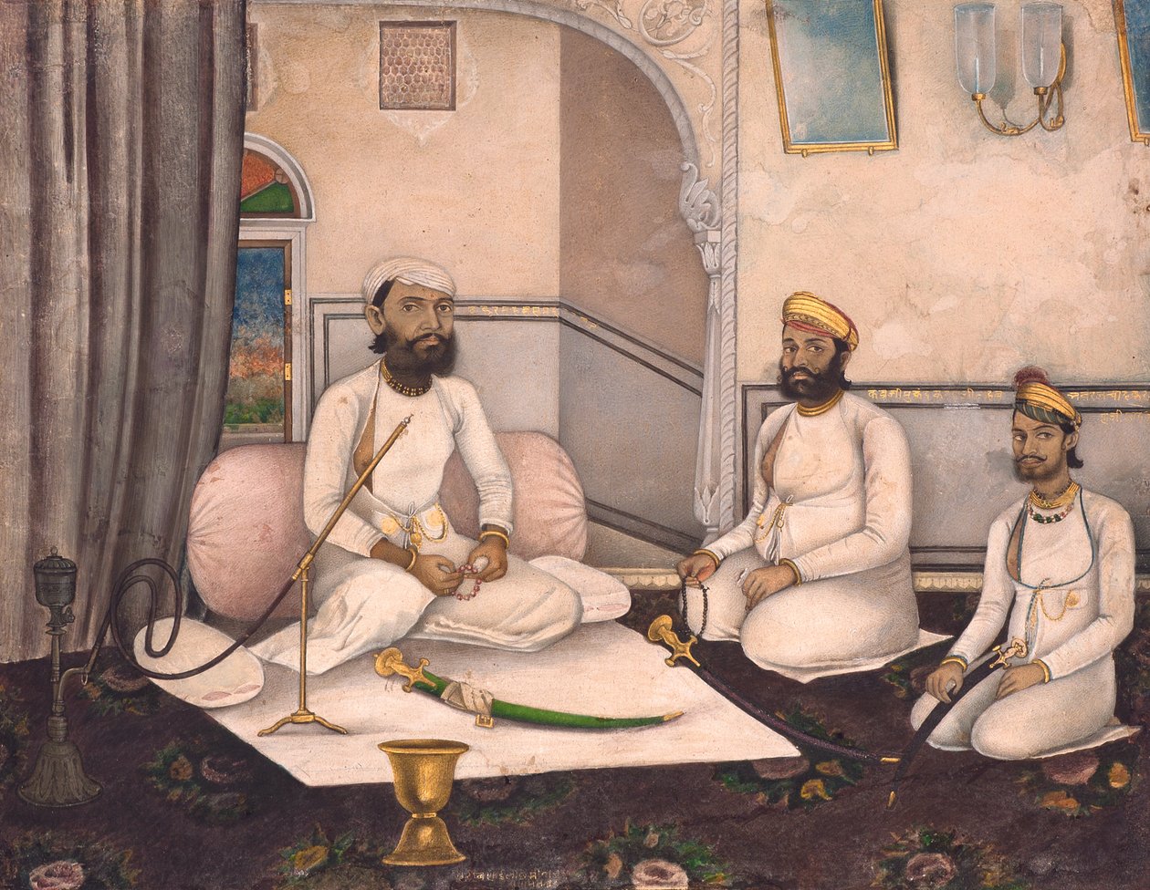 Thakur Sahab Samadr Karanji med Kabraji Mukandra Karanji Sahab og Bhao Raj Cha, ca. 1875 (ugennemsigtig wc og guld på papir) af Laxmi Narayan