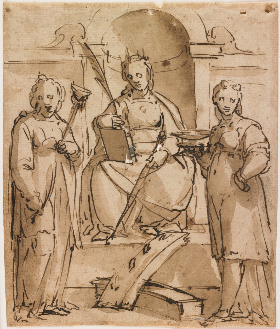 Den hellige Katarina tronende med den hellige Lucia og den hellige Agatha (pen, brun blæk og vask) af Lazzaro Tavarone