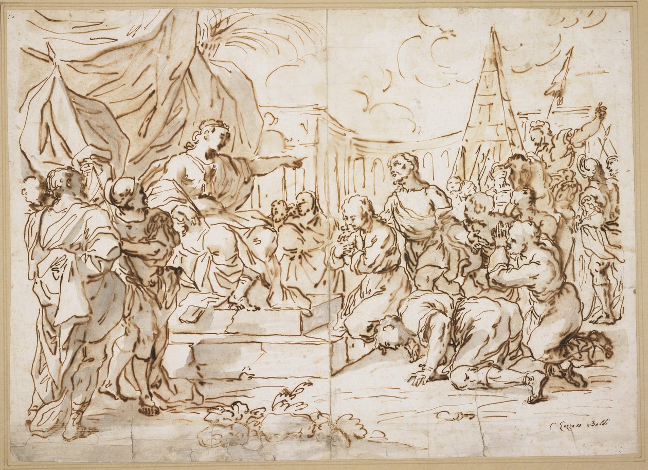 Joseph and His Brethren, 1. Mosebog 41 (pen, brun blæk og blå grå vask over sort kridt på papir) af Lazzaro Baldi