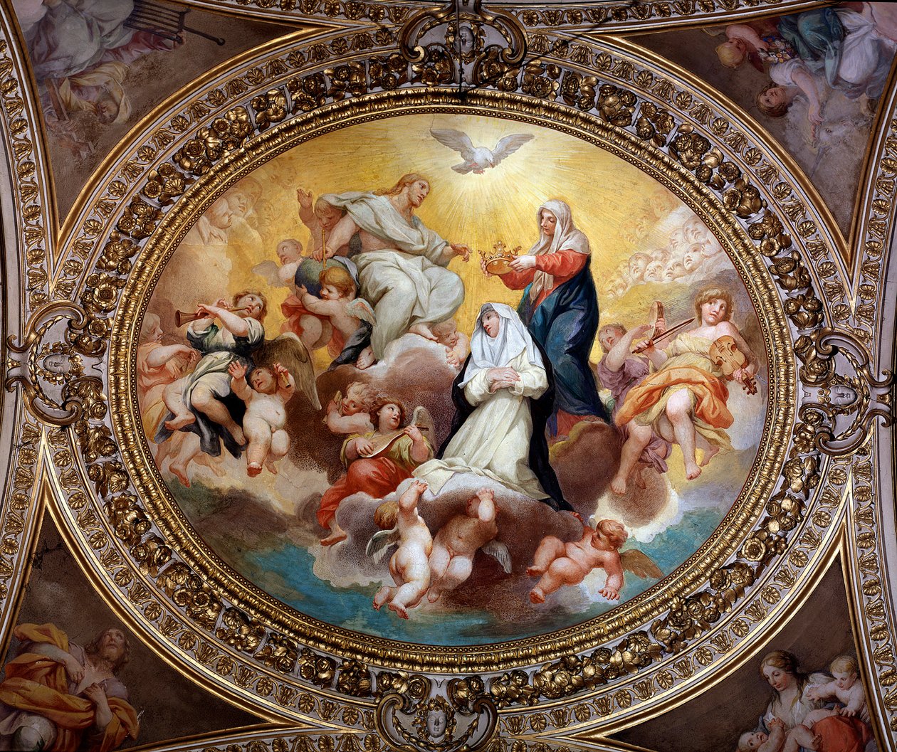 Den hellige jomfru kroner Sankt Rose af Lima med Jesus og Helligånden (maleri af Lazzaro Baldi