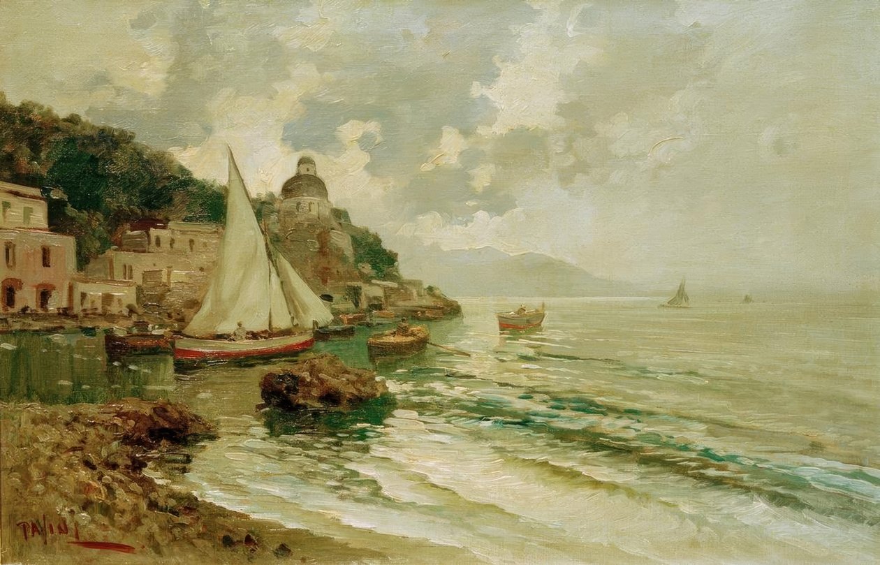 Sommerlig Adriaterhavskyst med fiskerbåde af Lazzaro Pasini