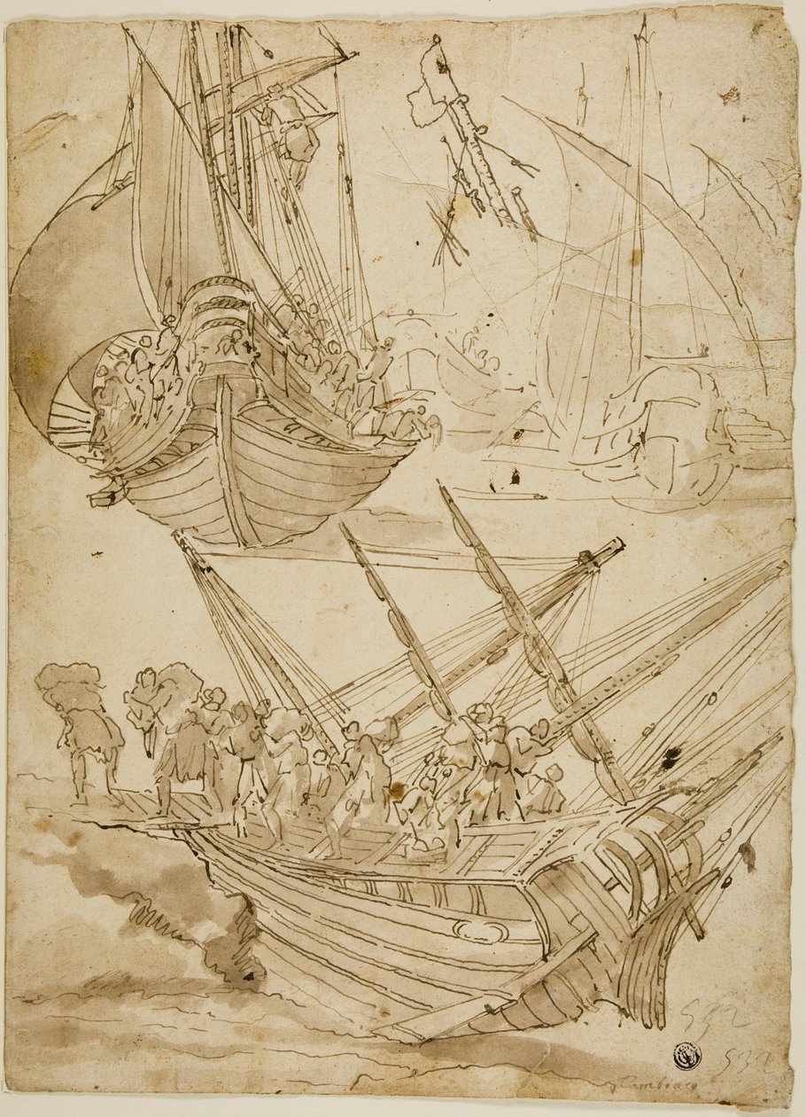 Crew Abandoning Ship (recto) Skitser af korintiske søjler (verso) af Lazzaro Tavarone