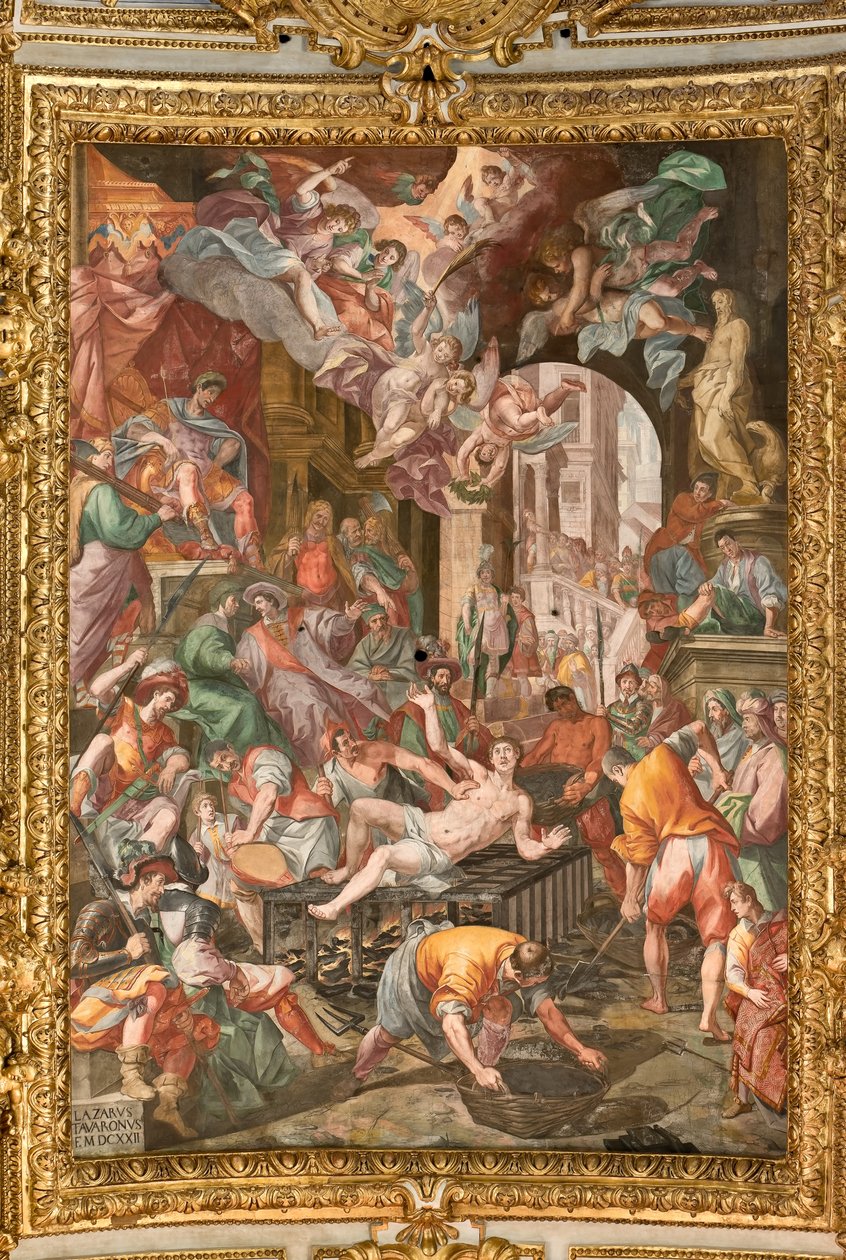 Genova, Duomo (St. Lawrence-katedralen), indeni, præstehvælvingen: "The Martyrdom of St Lawrence" af Lazzaro Tavarone