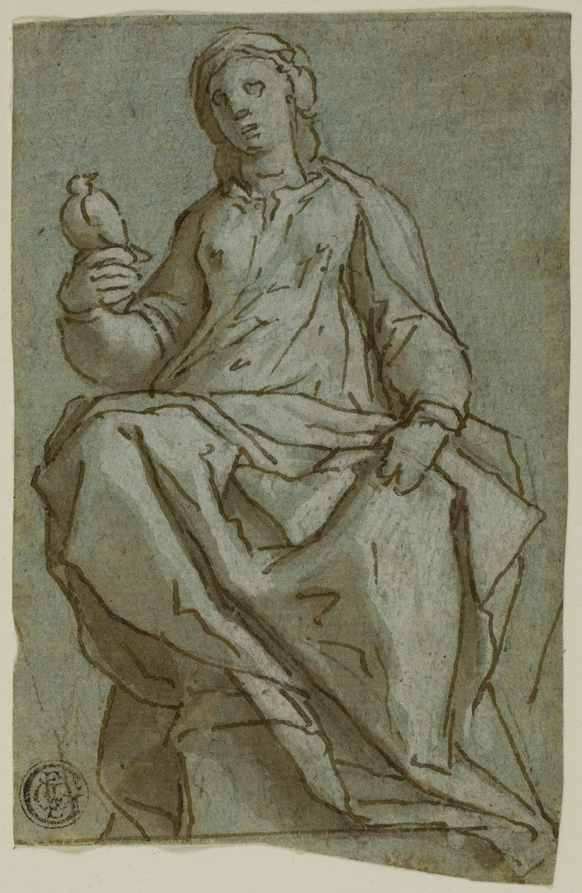 Siddende kvindefigur (Saint Scholastica?) Holder en due af Lazzaro Tavarone