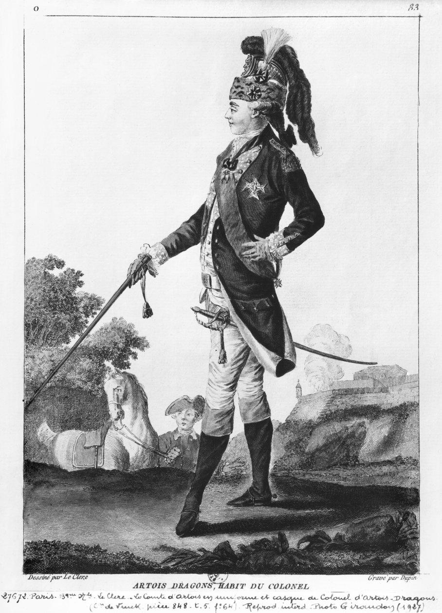 Karl af Frankrig (1757-1836), greve af Artois, iført kåbe og uniform som oberst af Artois-Dragons regiment, graveret af Dupin af Le Clere