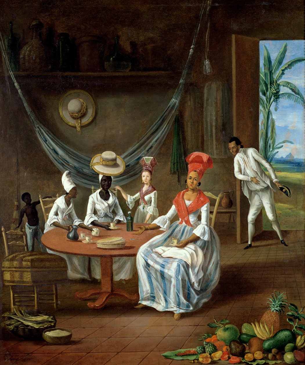 En mulattkvinde med sin hvide datter besøgt af sorte kvinder i deres hus på Martinique, 1775 af Le Masurier