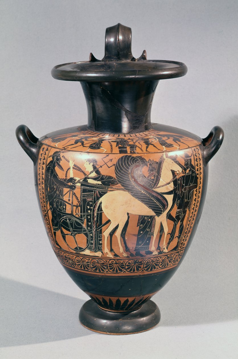 Attic sort figur hydria skildrer en afgangsscene, ca. 530-520 f.Kr. (keramik) af Leagros Group