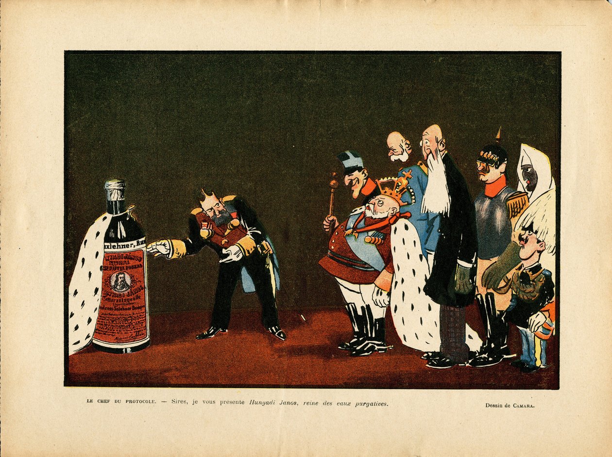 Illustration af Leal de Camara (1877-1948) i Le Rire, 25/12/09 - Belgien, Europa, Portugal, Østrig, Alkoholalkoholisme, Protokol - William II, Leopold II, Edward VII, Alfonso XIII, Francois-Joseph 1er d 