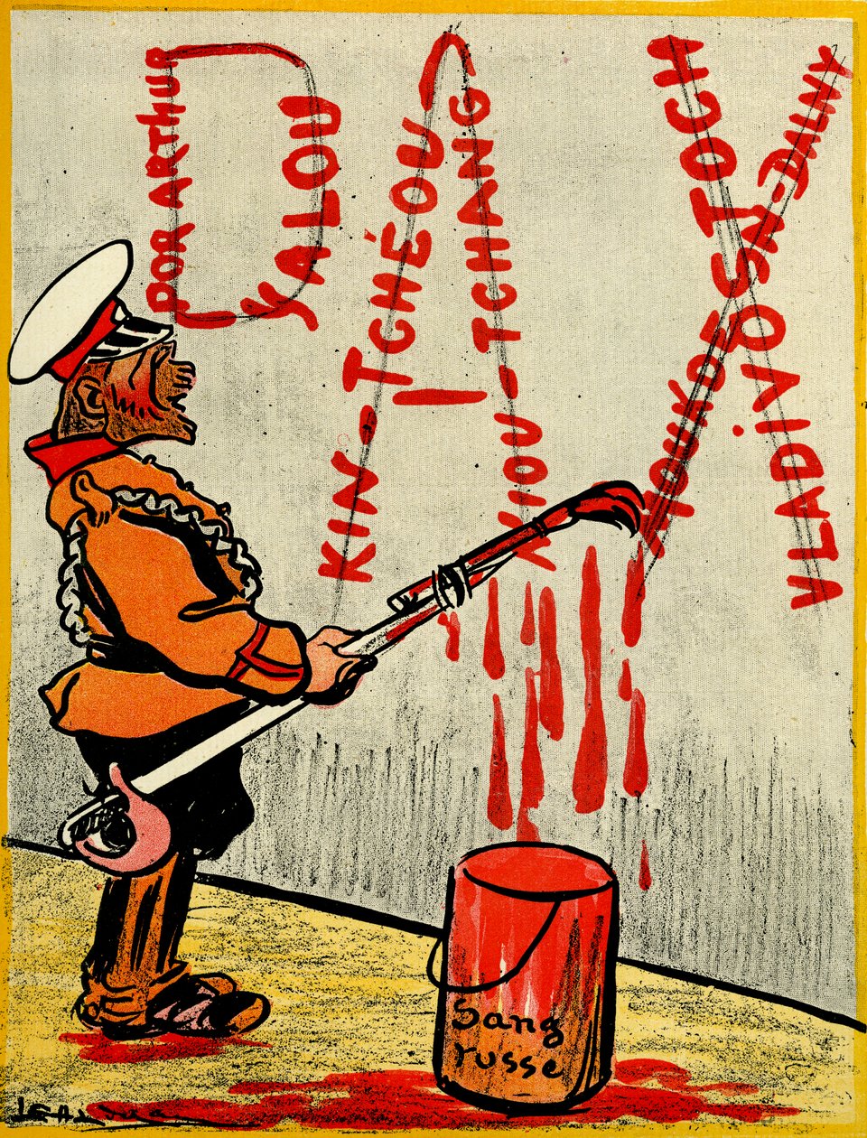 Russisk zar maler ordet Pax eller fred, der består af navnene på tabte kampe ved hjælp af russisk blod. 1904 (litho) af Leal de Camara