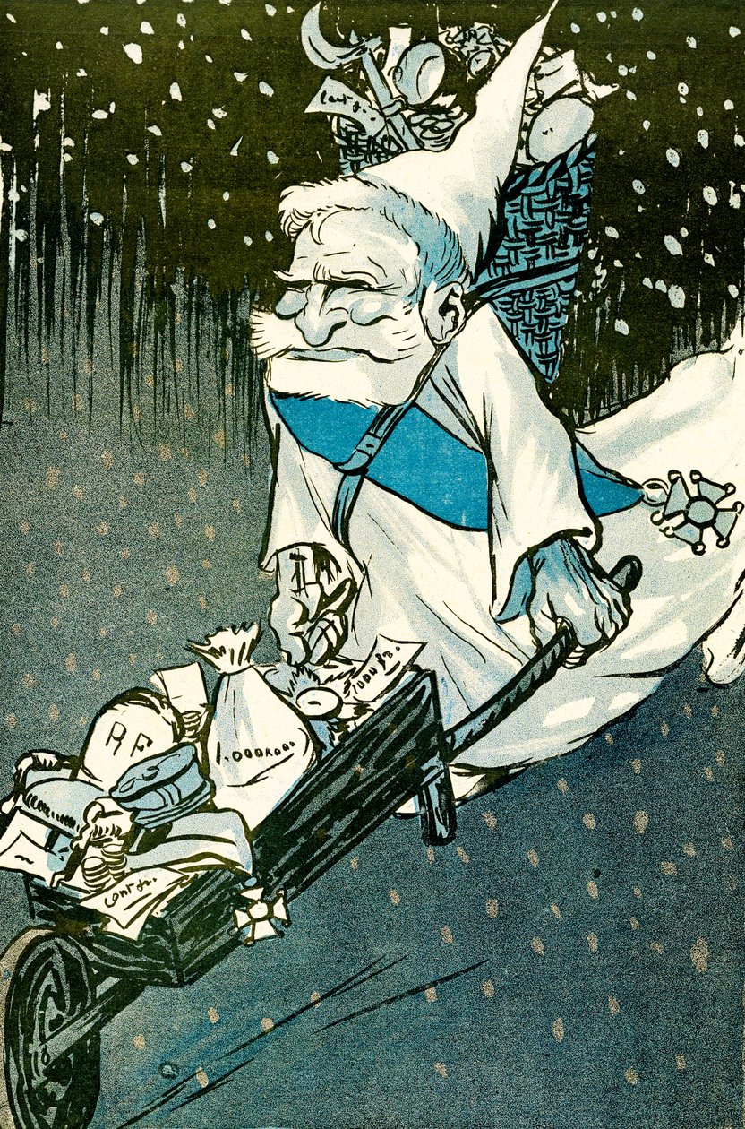 Julen for store børn - Frankrigs præsident Emile Loubet klædt ud som julemand med en trillebør af gaver til de voksne. 1905. (litho) af Leal de Camara