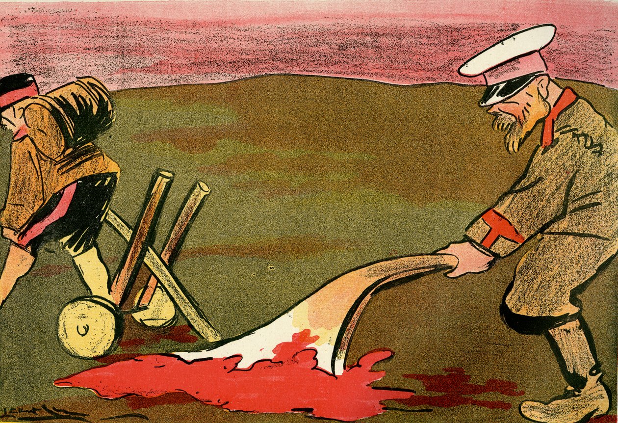 Civilisationens plov - Russiske soldater pløjer de blodige slagmarker. 1904 (litho) af Leal de Camara