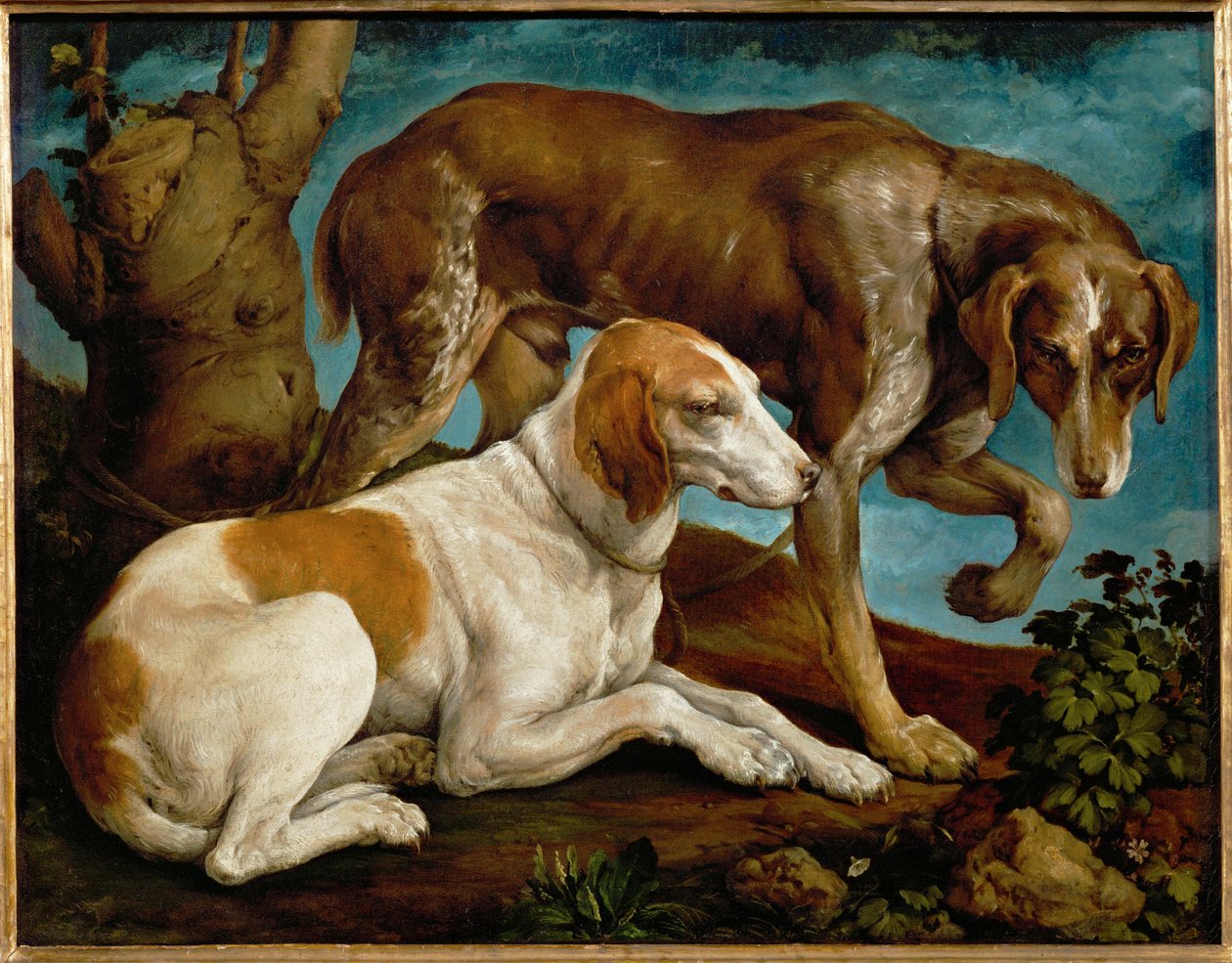 Deux chiens de chasse lies a une souche - To jagthunde bundet til en træstub ... af Leandro da Ponte Bassano