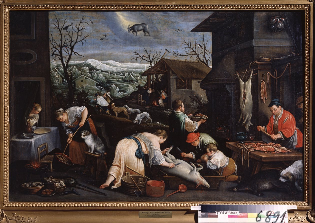 ""December måned"" (december) Grisene bliver slagtet. Stenbukken tegn symbol på himlen. Maleri af Leandro Bassano da Ponte (1557-1622) 1595-1600 Statens kunstmuseum Tula Rusland af Leandro da Ponte Bassano