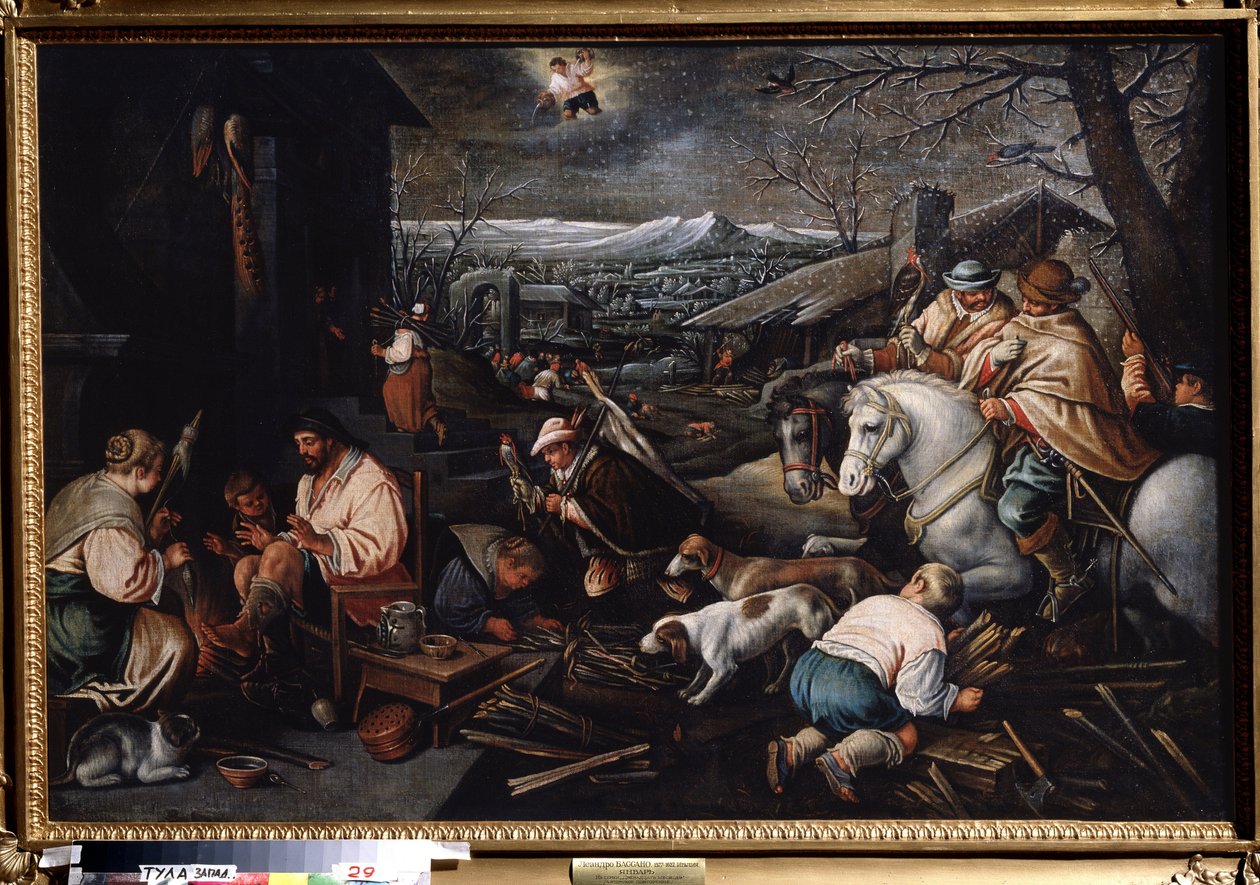 ""Januar måned"" (januar) Jægere, kvinder, der spinder uld. Vandmanden symbol på himlen. Maleri af Leandro Bassano da Ponte (1557-1622) Mål 146 x 192 cm Statens kunstmuseum Tula Rusland af Leandro da Ponte Bassano