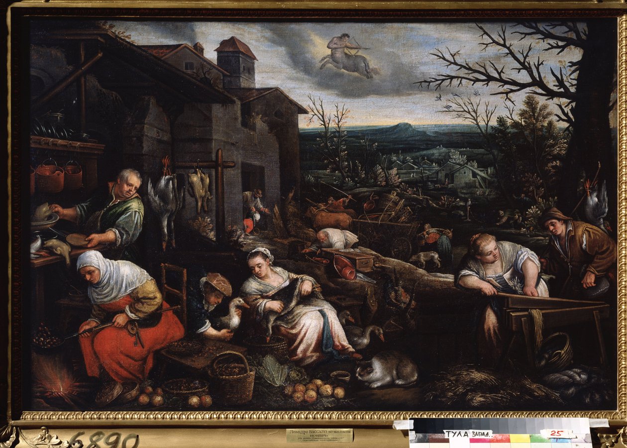 ""November måned"" (november) En kvinde steger kastanjer, en anden sørger for at tilberede gæssene. Symbol på skyttens tegn på himlen. Maleri af Leandro Bassano da Ponte (1557-1622) 1595-1600 Statens kunstmuseum Tula Rusland af Leandro da Ponte Bassano