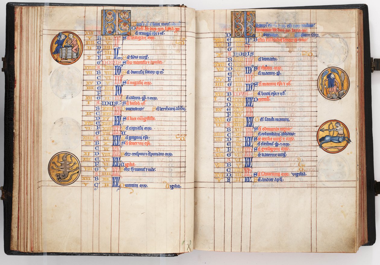 Lewis Psalter, åbning med kalendersider for oktober og november, ca. 1225-50 (tempera på vellum) af Leber Group