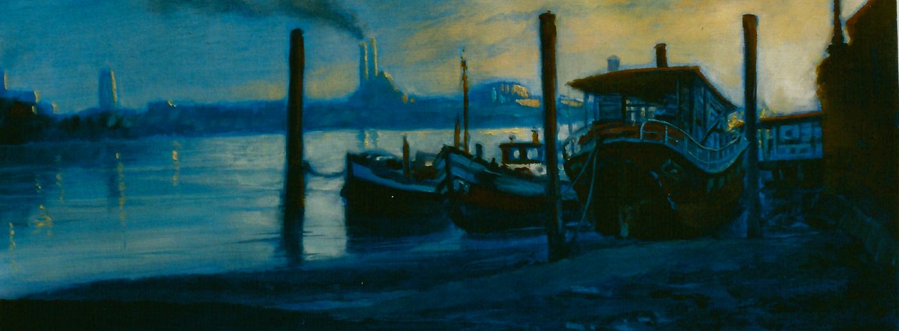 Chelsea Dusk 2002 (olie på papir) Thames husbåde af Lee Campbell