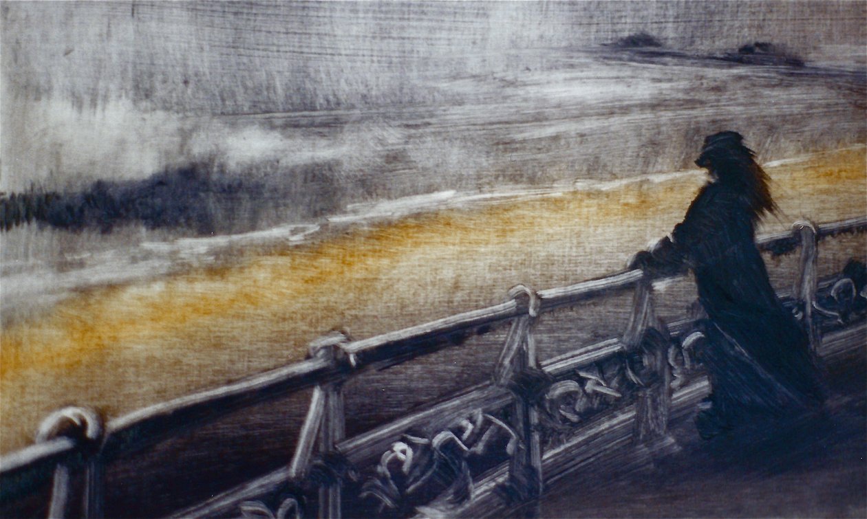 Courage, 2001 (olie på papir) Havkyst blæsende, figur af Lee Campbell