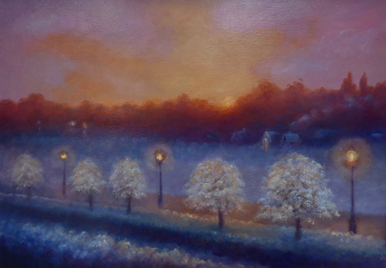 Frosty Riverside, Eel Pie Island, Thames River, 2023 (olie på lærred) af Lee Campbell