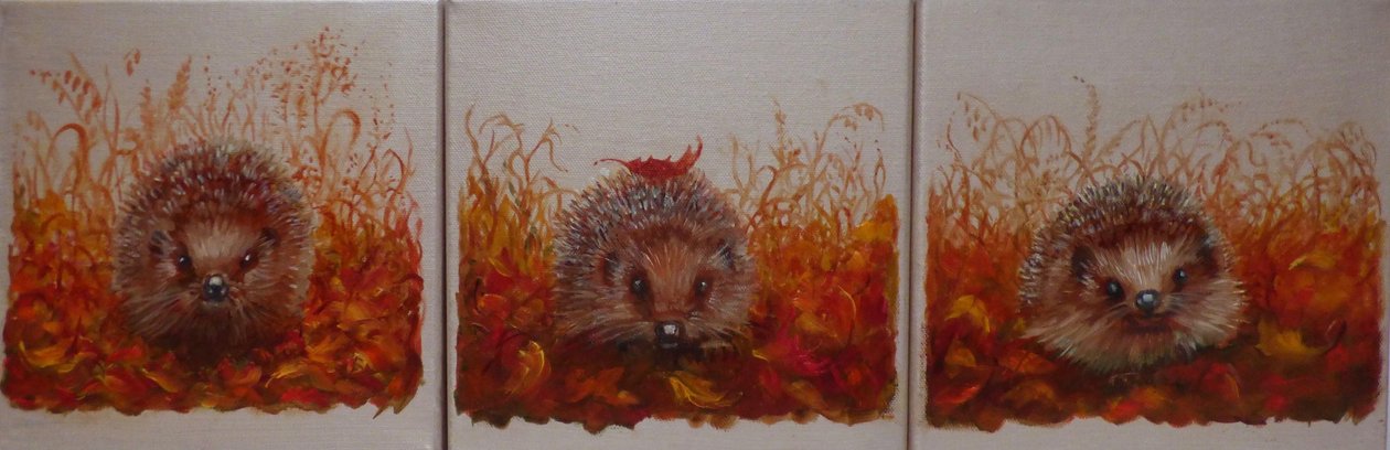 Hedgehogs in Autumn, 2024 (olie på lærred) af Lee Campbell