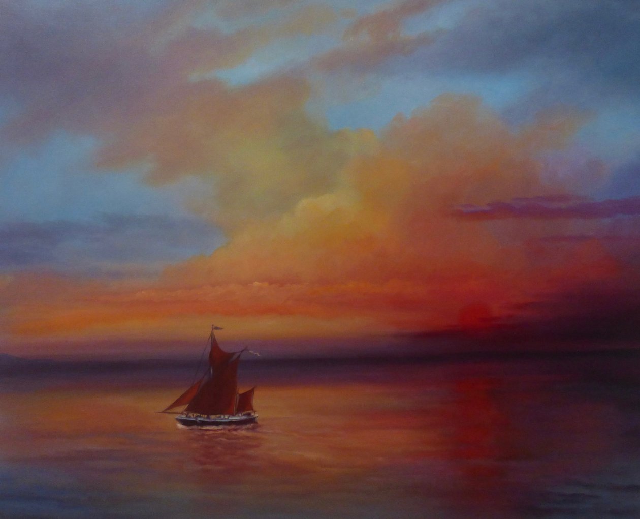 Red Sails - Thames Barge på fuld sejl, 2022 (olie på lærred) af Lee Campbell