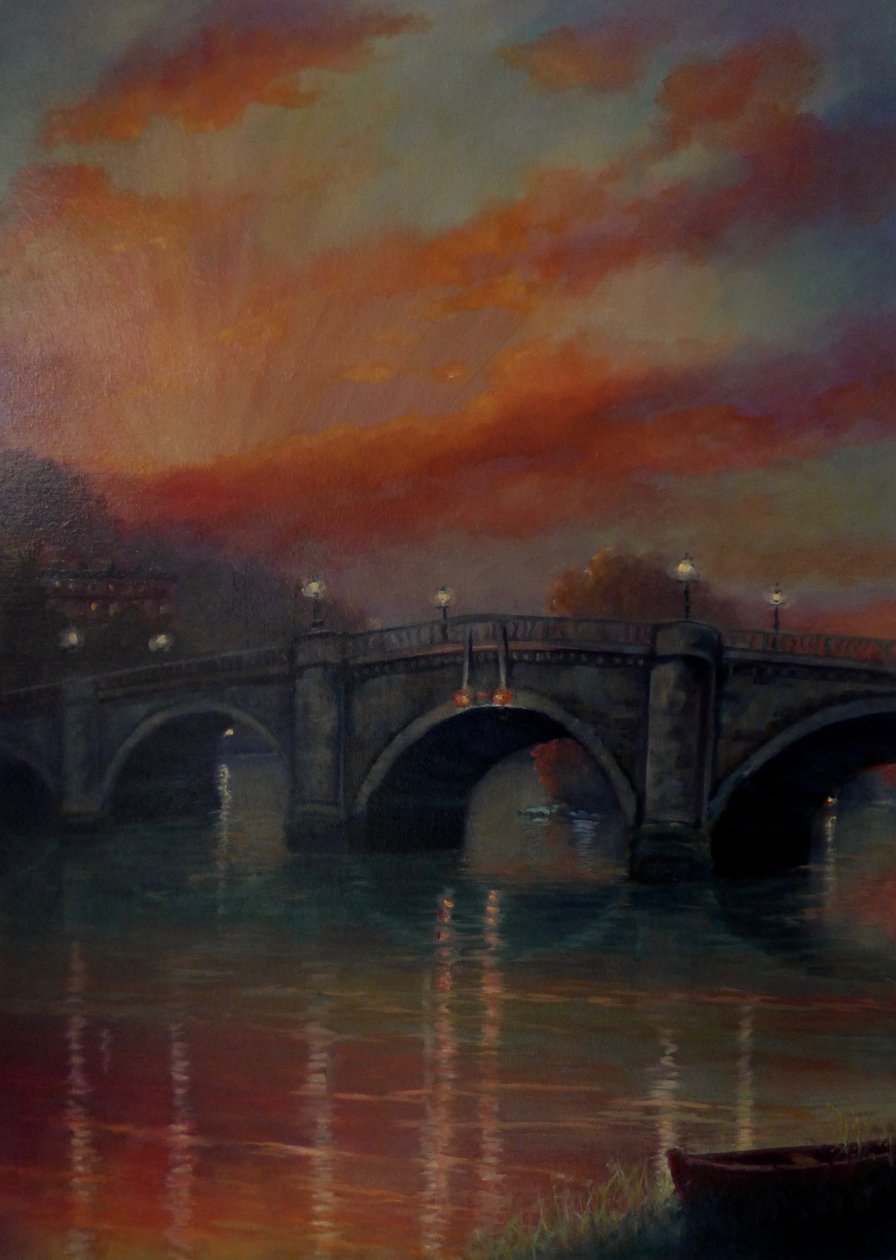 Richmond Bridge Sunset, 2022 (olie på lærred) af Lee Campbell