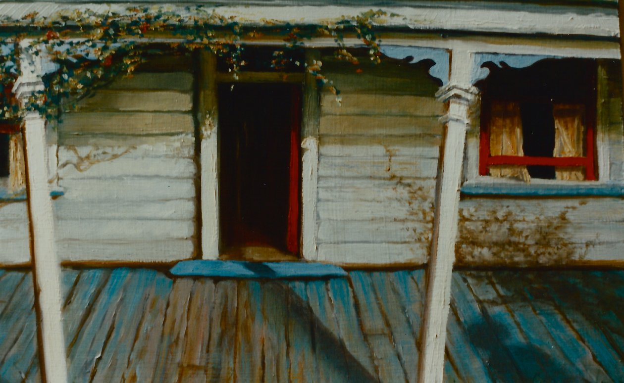 Veranda NZ 2002 (olie på panel) Solrig veranda af Lee Campbell