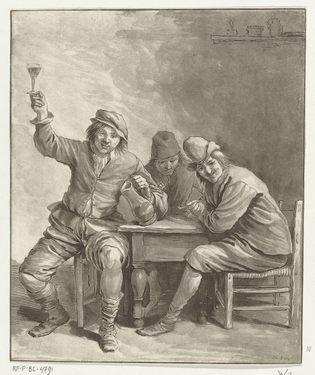 Tre mænd ryger og drikker ved bordet af Leendert Brasser (signed by artist)