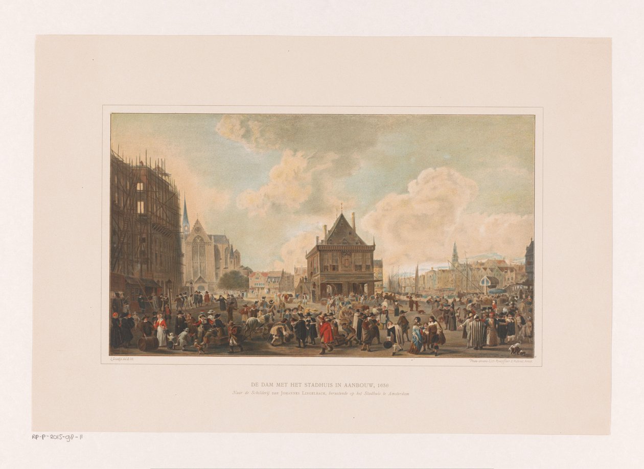 Dæmning i Amsterdam med paladset under opførelse Dam-pladsen med rådhus under opførelse, 1656 (titel på objekt) af Leendert Izaac Frederikus Grondijs