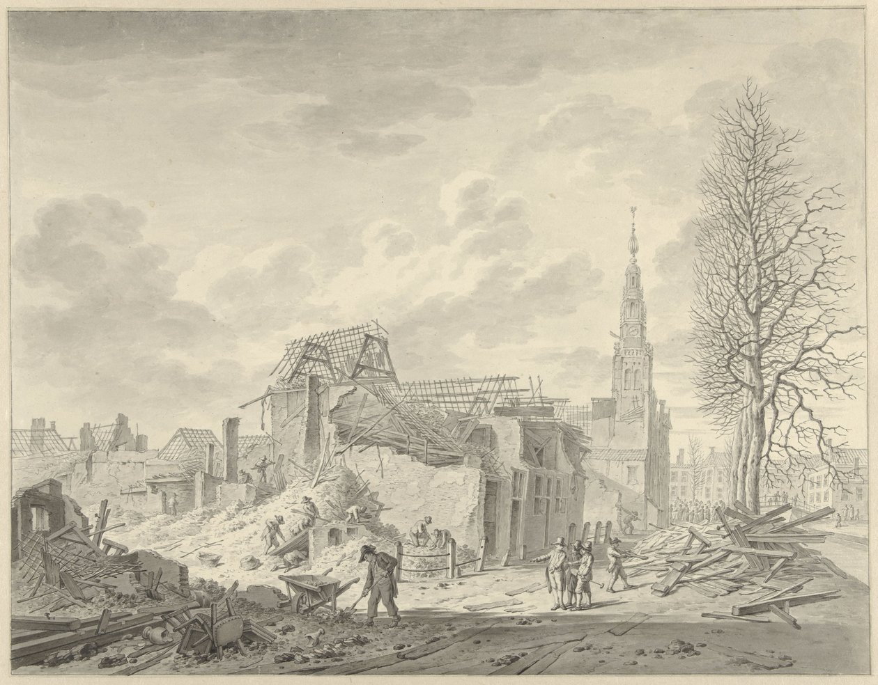Udsigt over Rapenburg i Leiden efter krudtkatastrofen den 12. januar 1807 af Leendert Overbeek