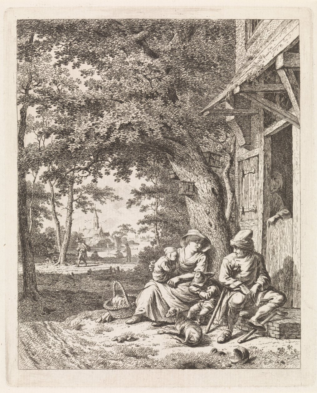 Familie med hund, der sidder foran et hus Landskaber med figurer (serietitel) af Leendert Overbeek
