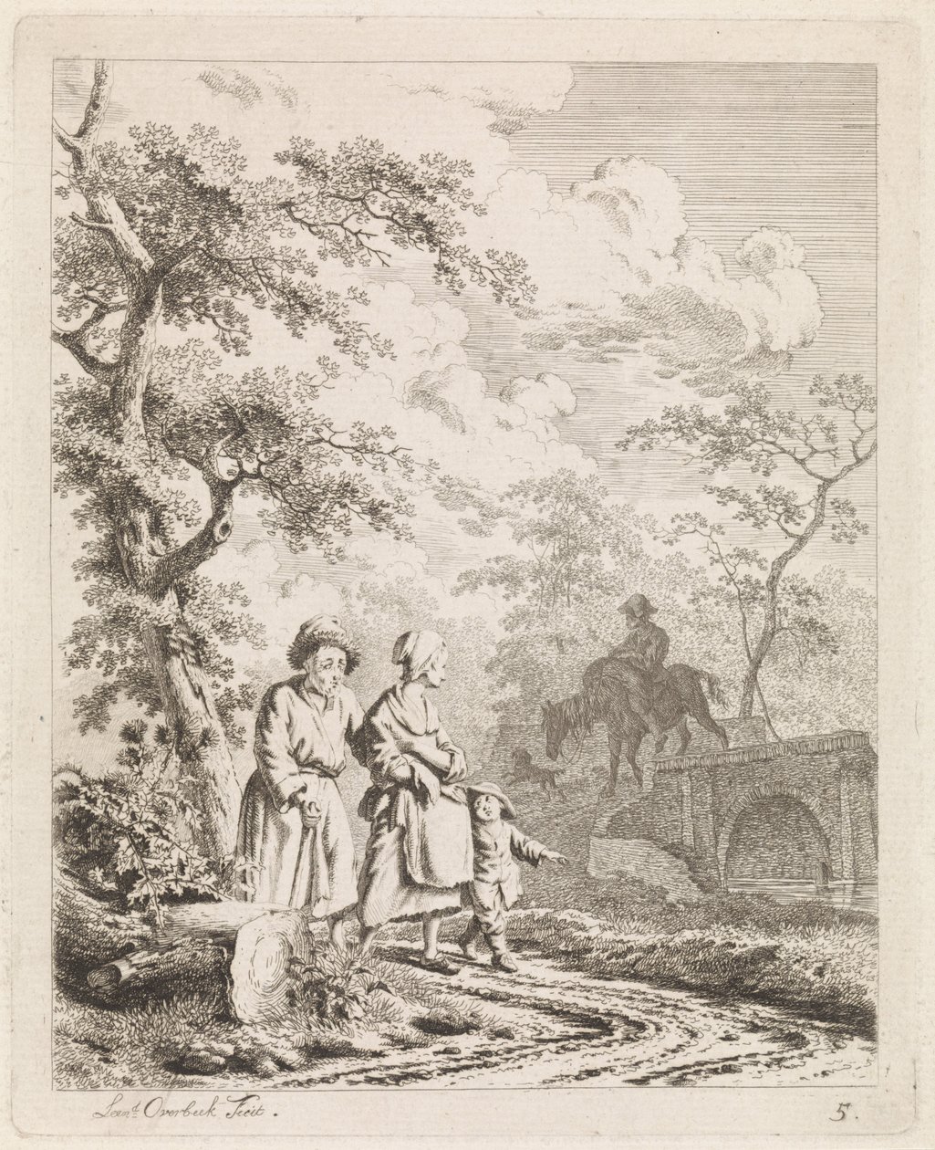 Gammel mand, kvinde og barn på en skovsti Landskaber med figurer (serietitel) af Leendert Overbeek