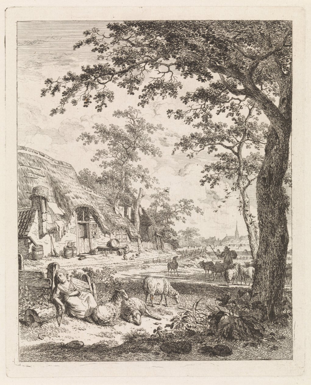 Hyrdinde med får foran en gård Landskaber med figurer (serietitel) af Leendert Overbeek