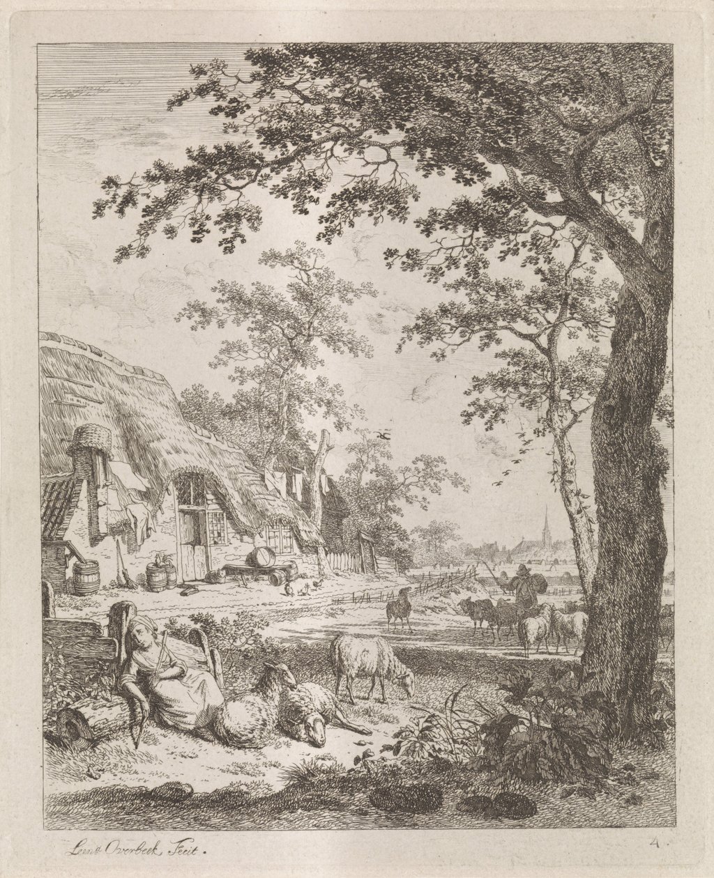 Hyrdinde med får foran en gård Landskaber med figurer (serietitel) af Leendert Overbeek