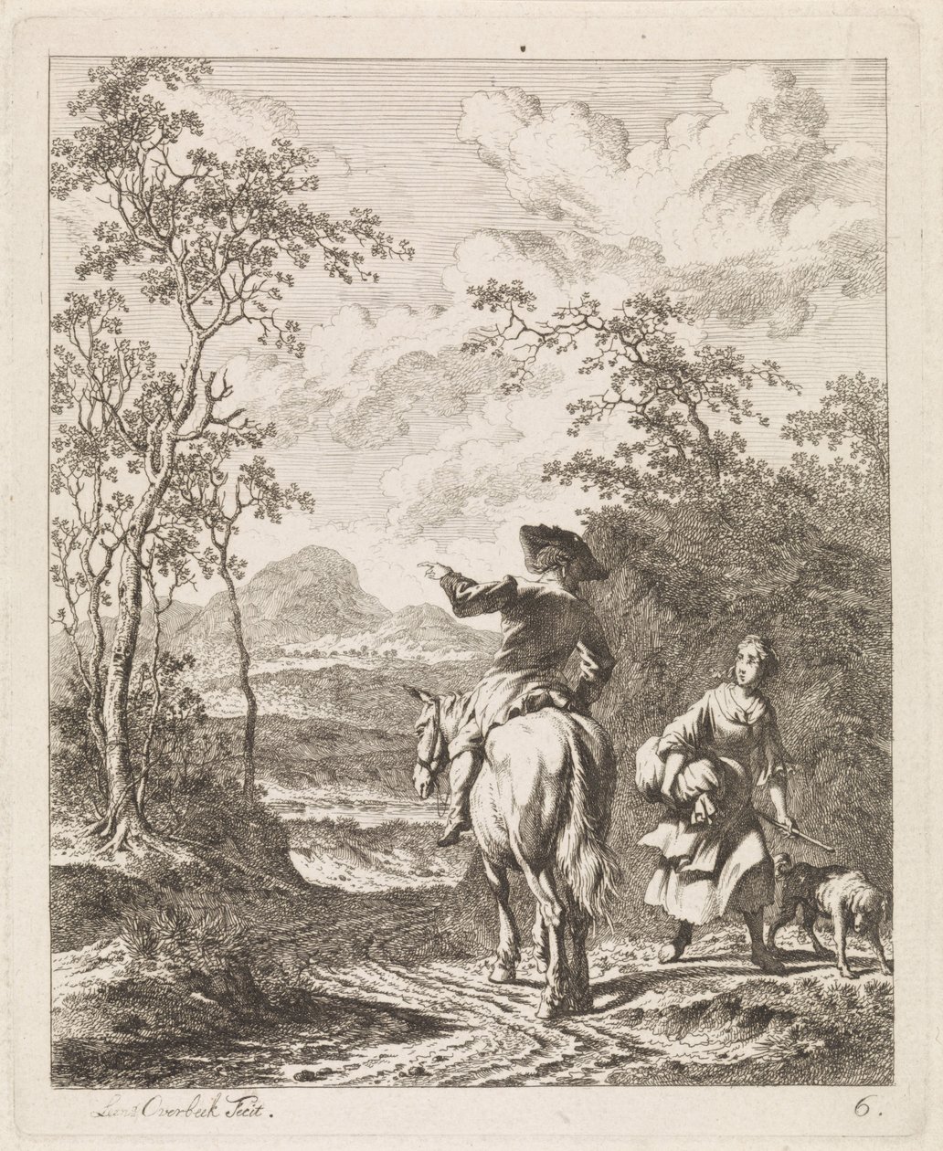 Rytter spørger om vej til en pige med en hund Landskaber med figurer (serietitel) af Leendert Overbeek