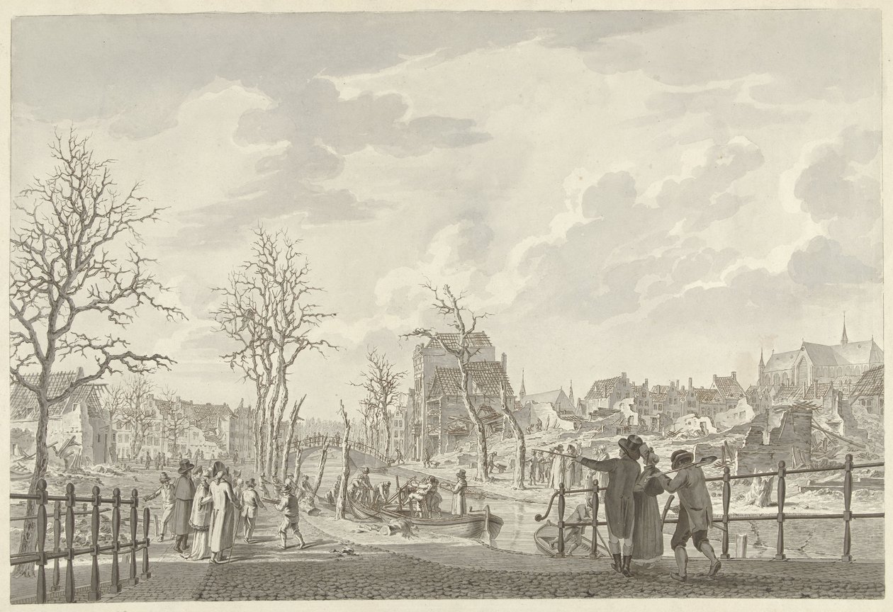 Ruiner på Rapenburg i Leiden, efter krudtkatastrofen den 12. januar 1807 af Leendert Overbeek