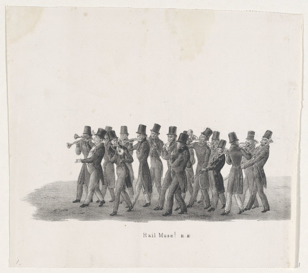 Musikere i optoget af Leiden-studenter, 1835 Hej Muse! (titel på objekt) De enkelte forestillinger, som de opstigninger afholdes af H.H. Elever fra Leidsche Hoogeschool den 9. februar: 1835, lukket (serietitel på objekt) af Leendert Springer (I)