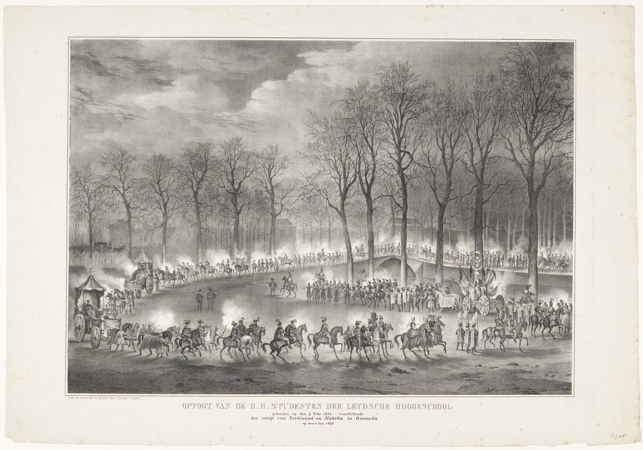 Parade af H.H. Elever af Leydsche Hoogeschool afholdt den 9. februar 1835, skildrende indgangen af ​​Ferdinand og Jsabella i Grenada den 6. jan. 1492 (titel på objekt) af Leendert Springer (I)