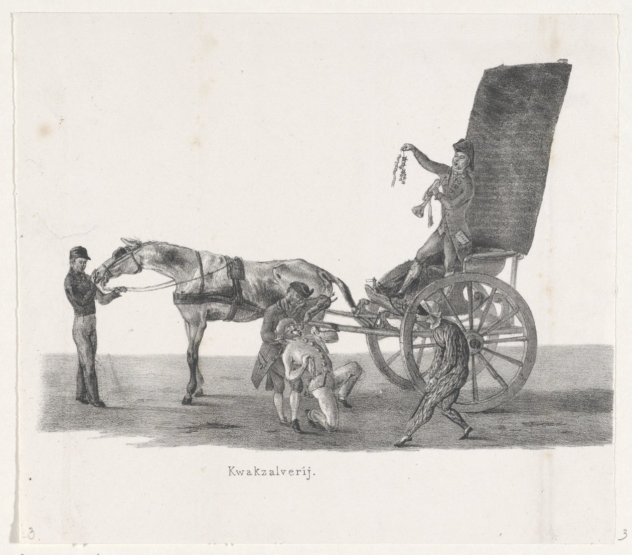 Sjees med en kvaksalver, 1835 Kvaksalveri (titel på objekt) De enkelte forestillinger, som de opstigninger afholdes af H.H. Elever fra Leidsche Hoogeschool den 9. februar: 1835, lukket (serietitel på objekt) af Leendert Springer (I)