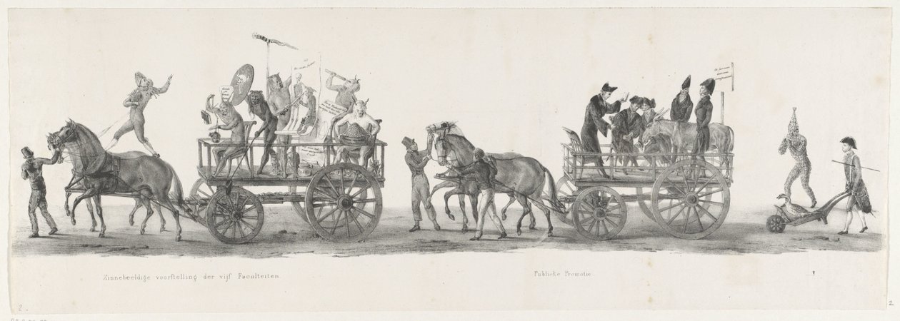 Fem fakulteter og en offentlig forfremmelse, 1835 Symbolsk repræsentation af de fem fakulteter / Offentlig fremme (titel på objekt) De enkelte forestillinger, som de opstigninger afholdes af H.H. Elever fra Leidsche Hoogeschool den 9. februar: 1 af Leendert Springer (I)